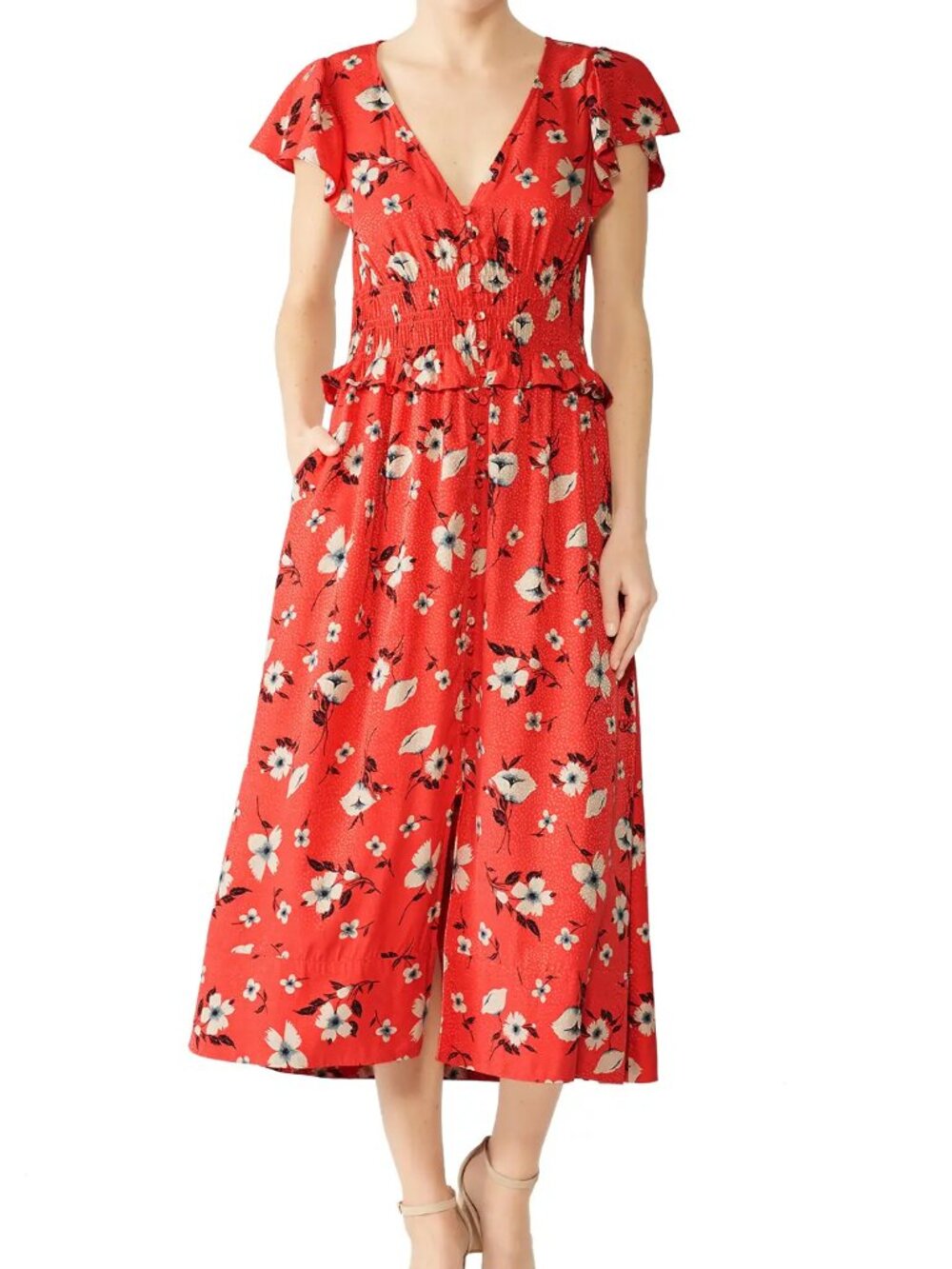 Rebecca Taylor • Daniella Silk Blend Floral Jacquard Red Ruffle Midi Dress • L